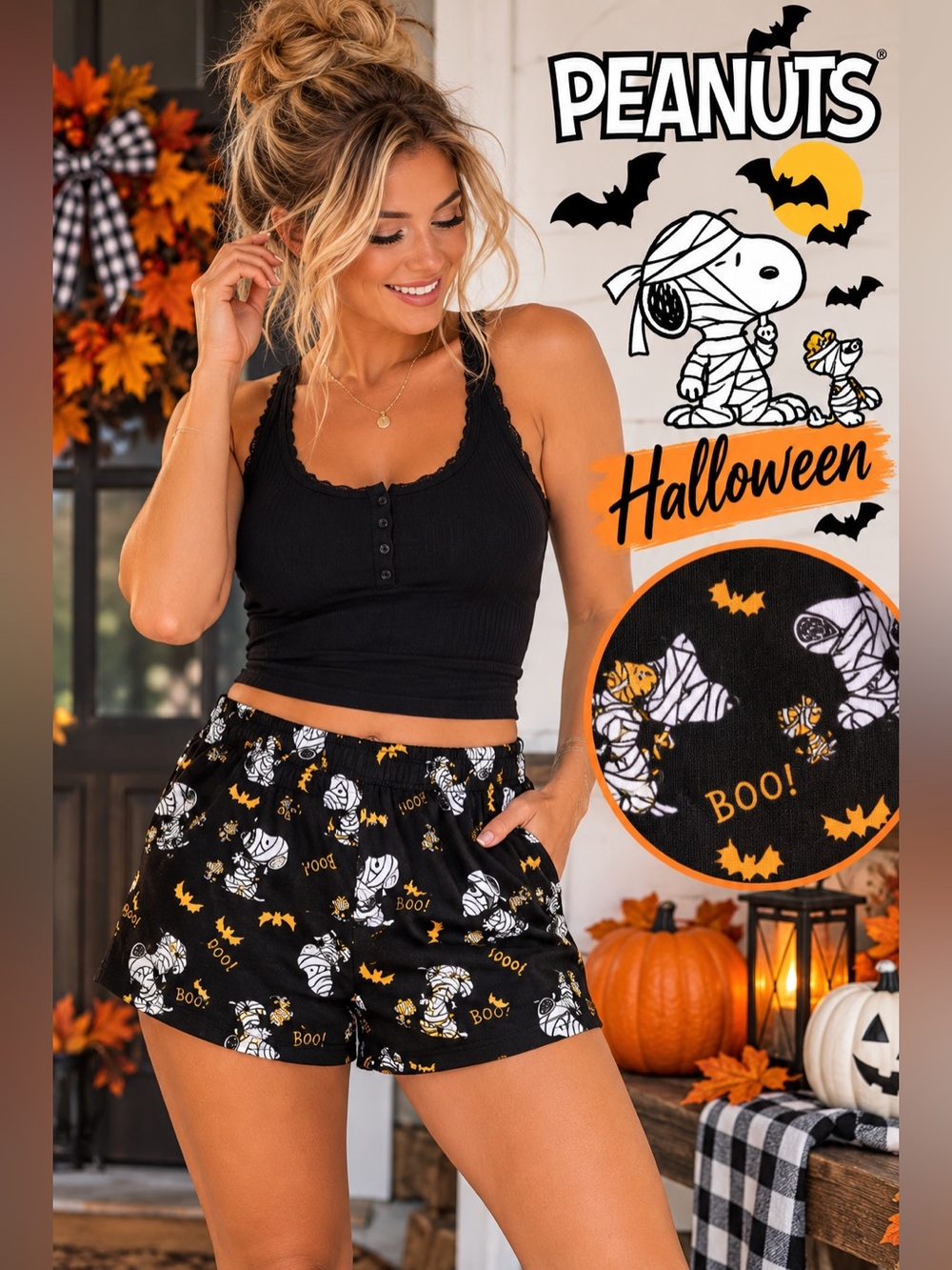 NWT Peanuts Snoopy Mummy Halloween Pajama Shorts Medium Black